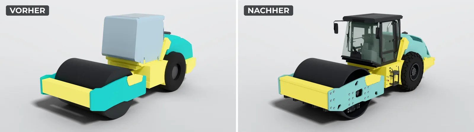 Walzenzug ARS 200 in Blender, links der Rohbau mit Platzhalter-Kabine, rechts das heutige Modell mit verglaster Kabine, Spiegeln und verschraubter Seitenplatte