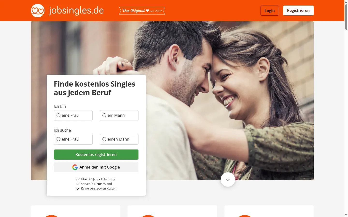 Startseite von jobsingles.de, unserem eigenen Dating-Netzwerk für Berufsgruppen