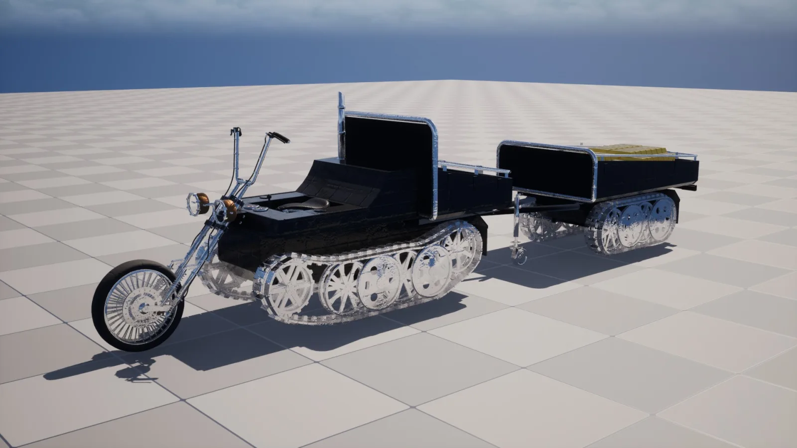 Chopper Kettenrad V1 from the front left in the Unreal Editor, black paint with chrome fork and tracks, trailer behind