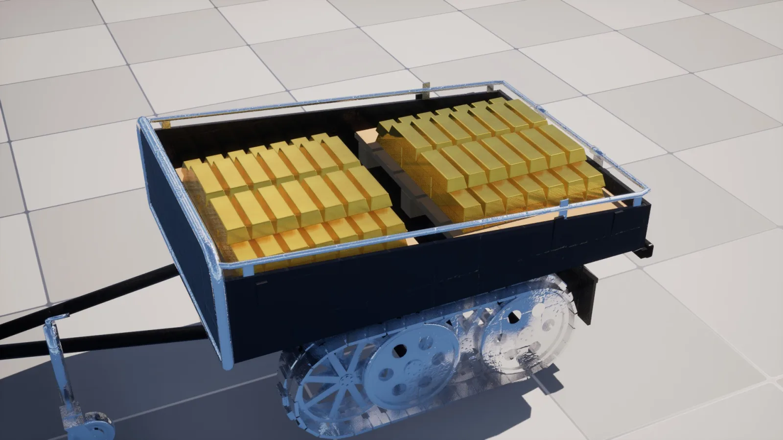 Tracked trailer of the Chopper Kettenrad loaded with gold bar pallets