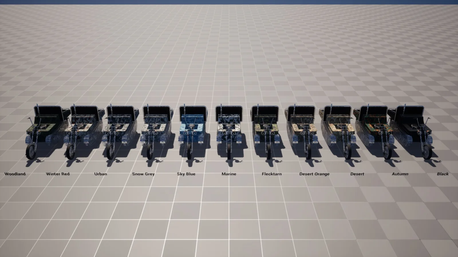 All 11 paint variants of the Chopper Kettenrad side by side: Woodland, Winter Red, Urban, Snow Grey, Sky Blue, Marine, Flecktarn, Desert Orange, Desert, Autumn and Black